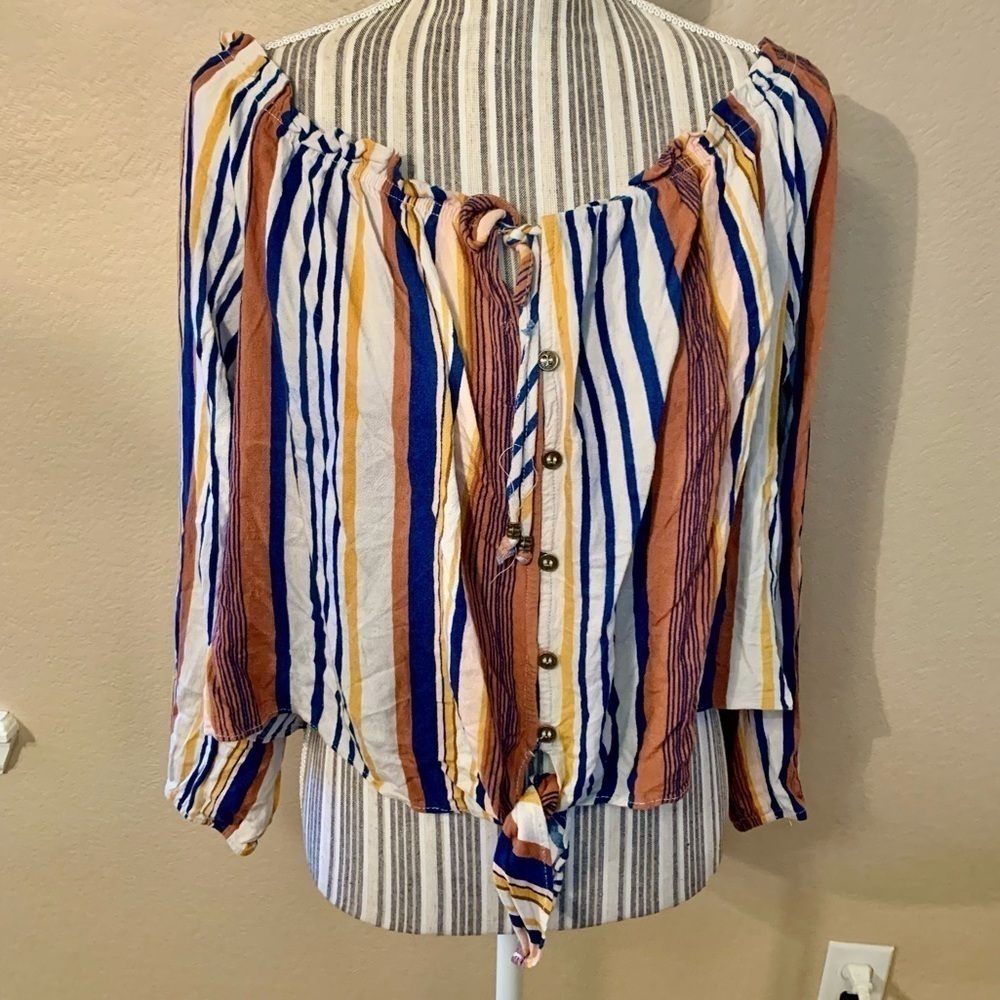 Rewind Boho Top XXL White Blue Brown Gold Striped Button-Up Rayon Long Sleeves